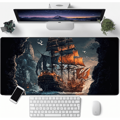 Pirate Ship Black Desk Mat - XXL utvidet spillmatte for mus