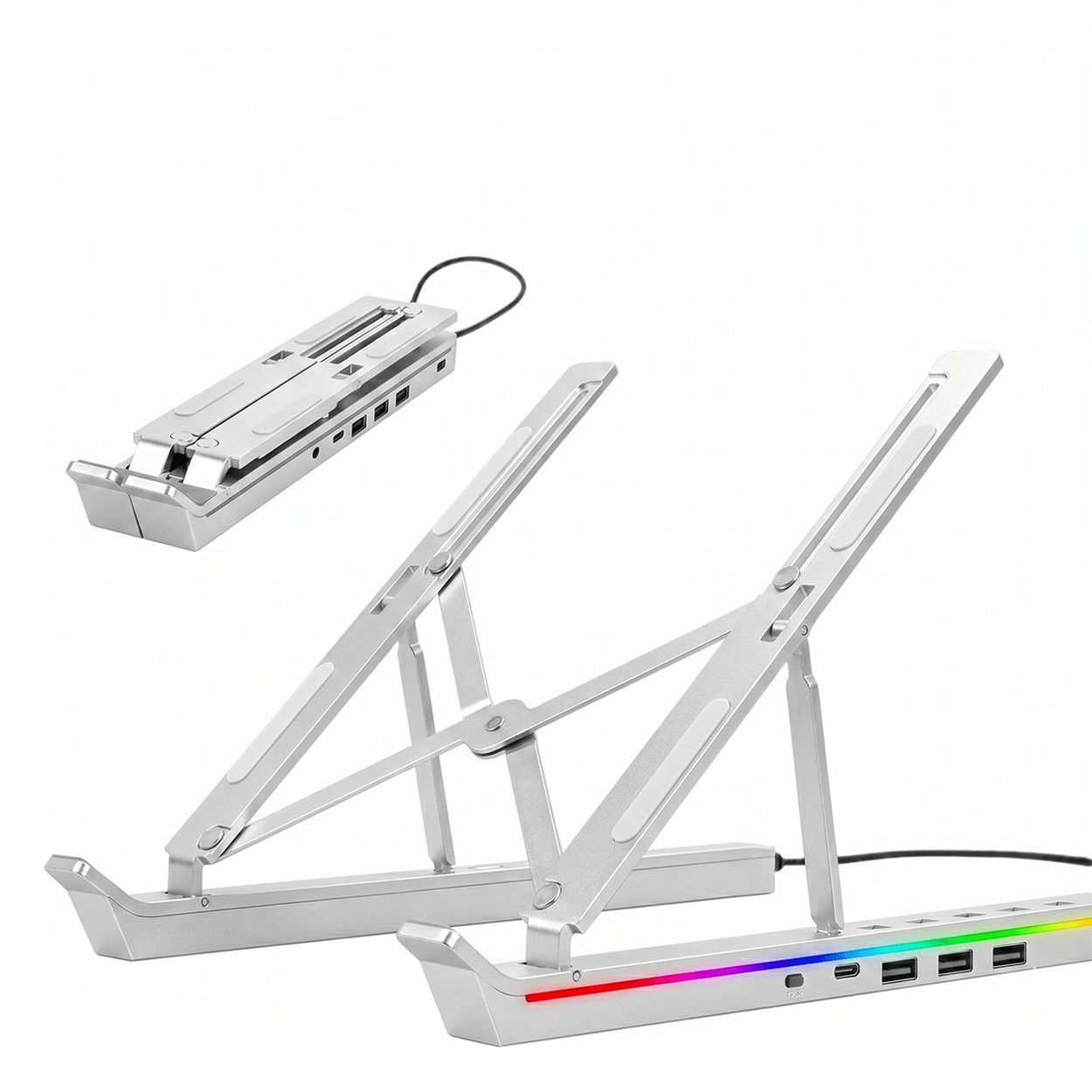 RGB Laptop Stand with USB Hub – Sammenleggbart aluminiumsstativ med 4-ports USB 2.0-hub og RGB-belysning