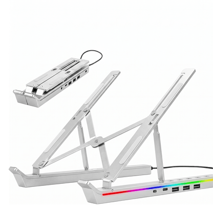 RGB Laptop Stand with USB Hub – Sammenleggbart aluminiumsstativ med 4-ports USB 2.0-hub og RGB-belysning