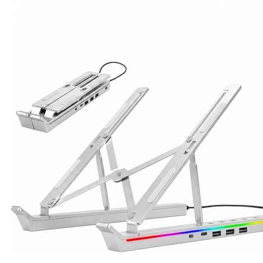 RGB Laptop Stand with USB Hub – Sammenleggbart aluminiumsstativ med 4-ports USB 2.0-hub og RGB-belysning
